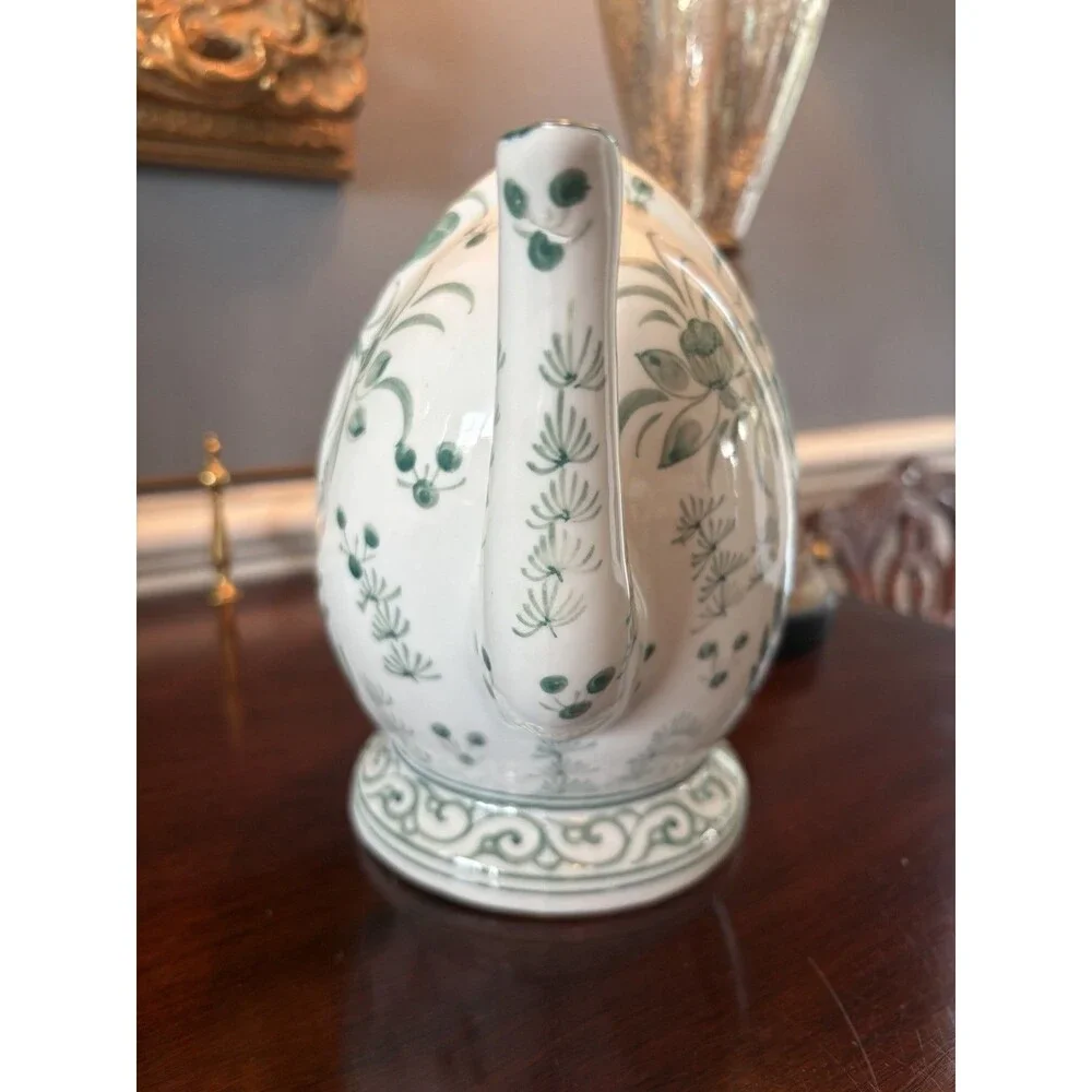 Vintage Wine Ewer Cadogan Puzzle Teapot Green and White Fish Chinoiserie Decor